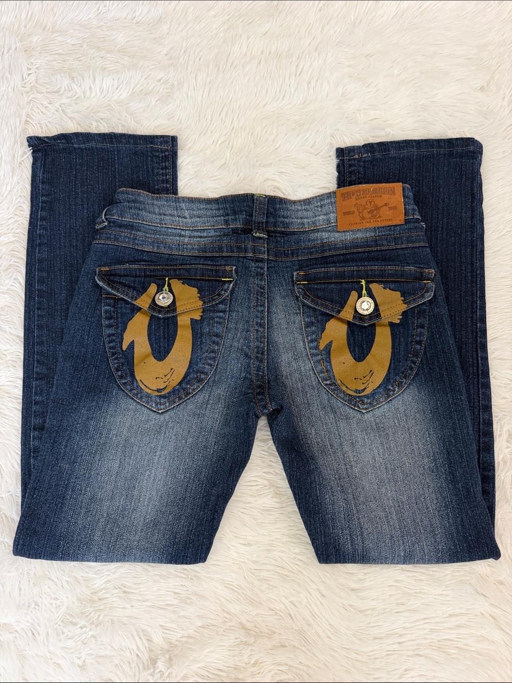 True Religion Women’s Dark Blue Straight‎ Leg Jeans with Yellow Back Stitch